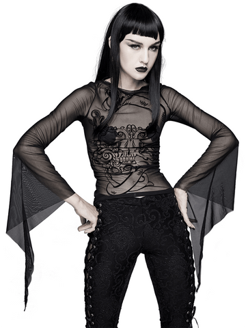 Elastic Mesh Top for Women / Long Sleeve Transparent Top